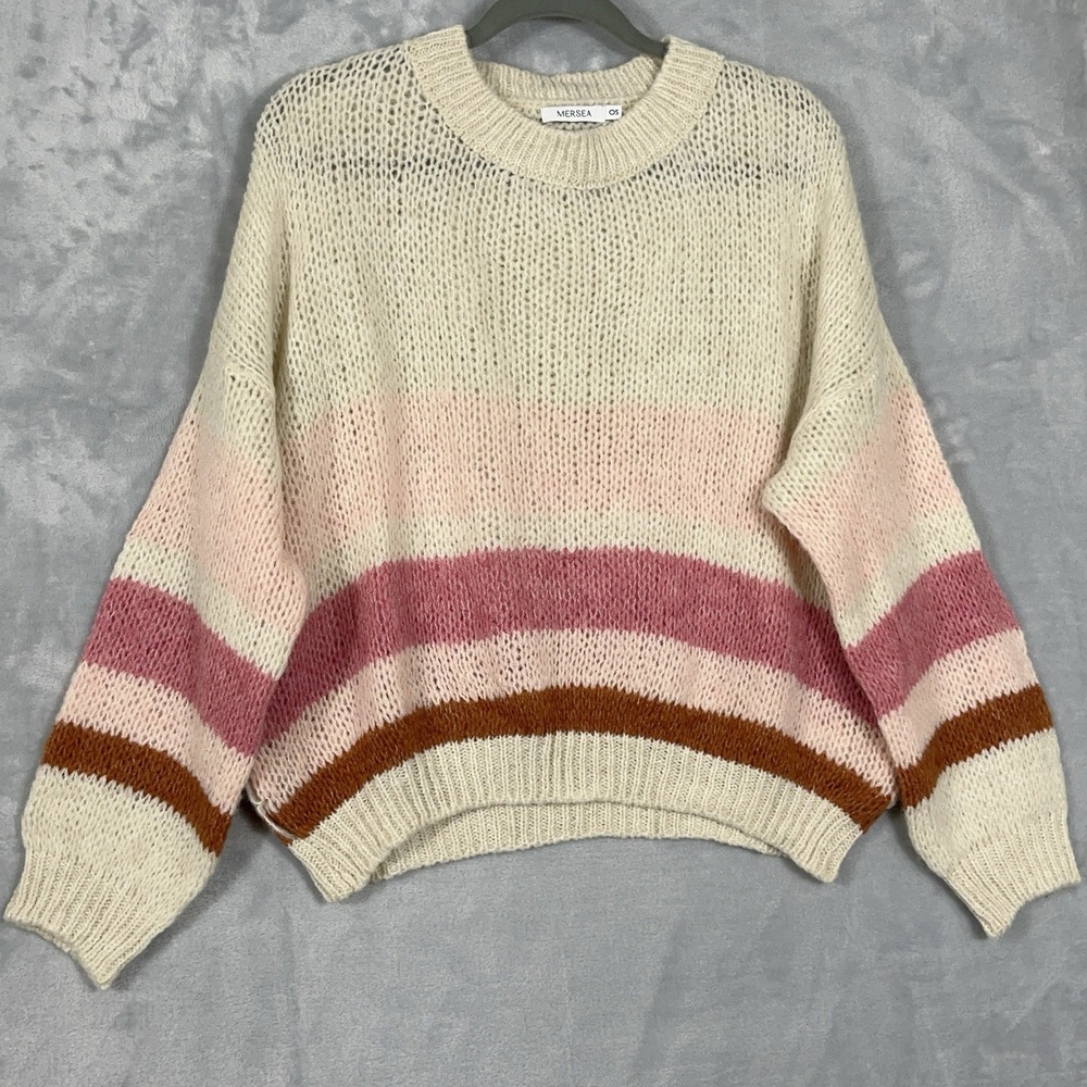 Mersea Womens Pisa Loose Knit‎ Sweater OS Wool Blend Ivory Pink Striped Coquette